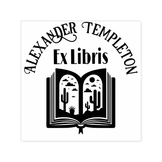 Open Boek met Desert Landscape Pages "Ex Libris" Zelfinktende Stempel (Design)