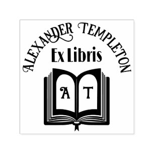 Open boek met naam, initiaal op pagina “Ex Libris” Zelfinktende Stempel