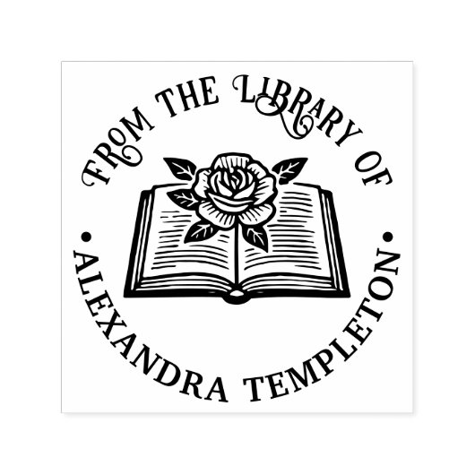 Open boek met roos #1P met bibliotheekboeknaam Zelfinktende Stempel (Design)