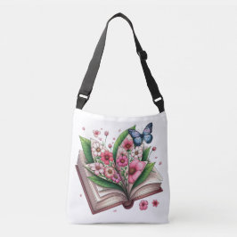 Open boek met roze bloemen en vlinders crossbody tas