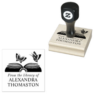 Open boek met twee vlinders Bibliotheek boeknaam Rubberstempel