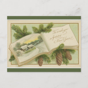 Open Book en Pine Cones Happy Nieuwjaar Briefkaart