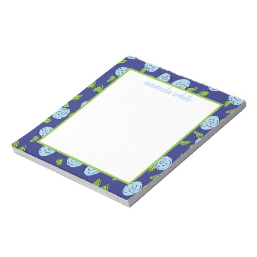 Open Flowers Blue op Navy Notepad Notitieblok (Gedraaid)
