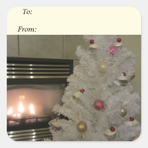 Open haard en kerstboom vierkante sticker