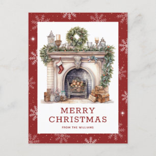 Open haard Kerstkrans Garland Sneeuwvlok Rood Feestdagenkaart