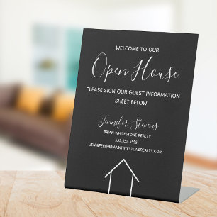 Open House Black White Real Estate Agent Custom Reclamebord Met Voetstuk