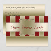 Open House Party | Rode glitter Gold Stripes Kaart (Voorkant / Achterkant)