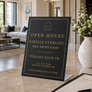 Open Huis Vastgoed Zwart Goud Reclamebord Met Voetstuk