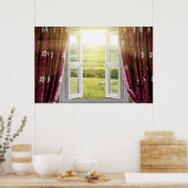 Open raam met uitzicht op het platteland en zonlic poster (Keuken)
