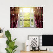 Open raam met uitzicht op het platteland en zonlic poster (Thuiskantoor)