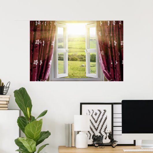 Open raam met uitzicht op het platteland en zonlic poster (Thuiskantoor)