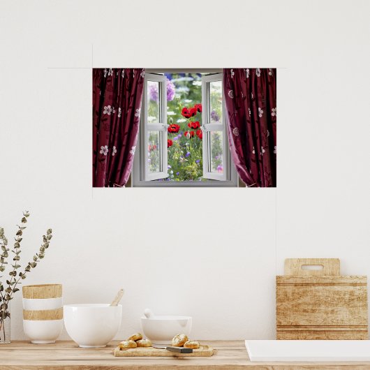 Open raam uitzicht op wilde bloemtuin poster (Keuken)