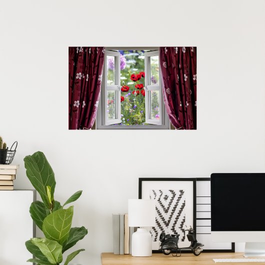 Open raam uitzicht op wilde bloemtuin poster (Thuiskantoor)