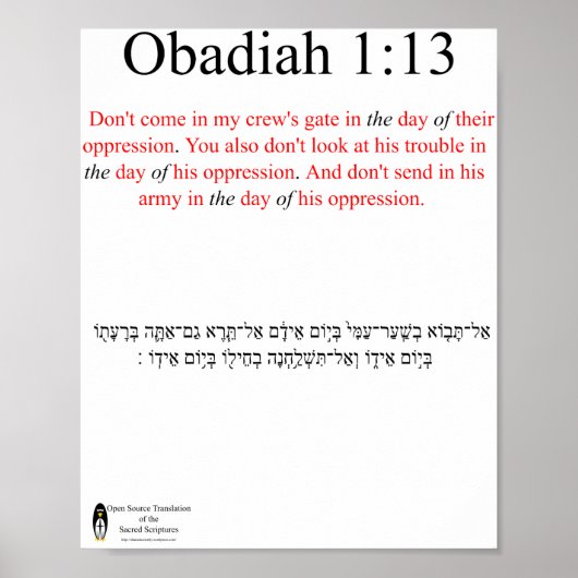 Open Source Translation Obadiah 1:13 Poster (Devant)