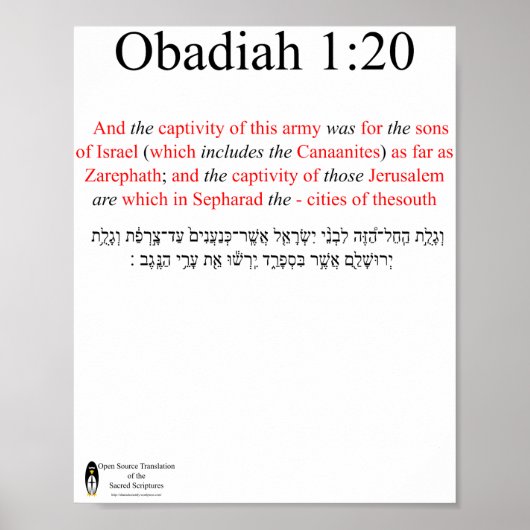 Open Source Translation Obadiah 1:20 Poster (Devant)