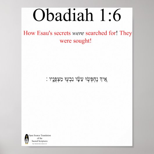 Open Source Vertaling Obadiah 1:6 Poster (Voorkant)