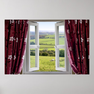 Open venster met uitzicht over het hele land en En Poster