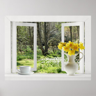 Open Venster op Woodland Scene met Daffodils Poster