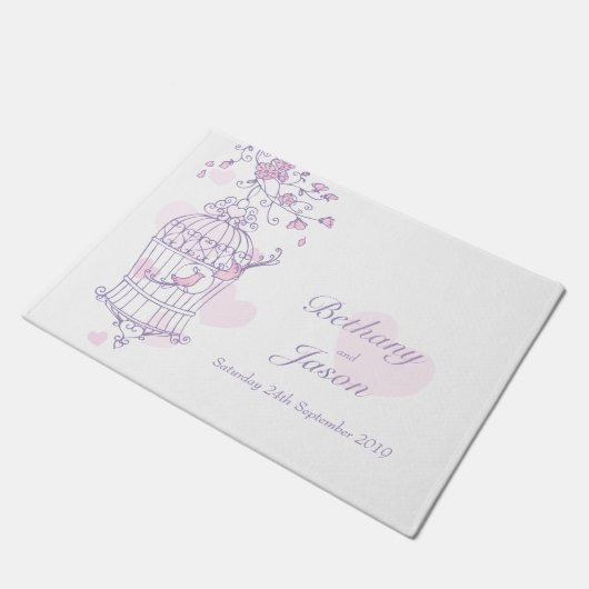 Open Vogelkooi twee vogels aangepaste trouwmat Deurmat (Schuin)