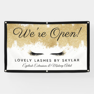 Open voor Business Gold Black Eyelash Beauty Salon Spandoek