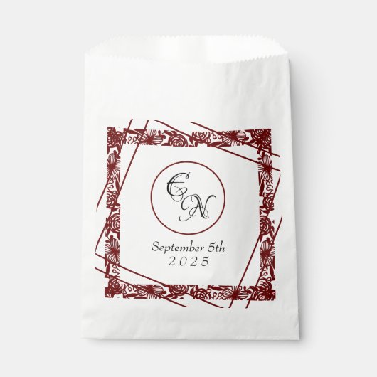 Open-werk monogram wit-bordeaux bruiloft bedankzakje (Voorkant)