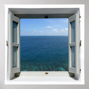Open Window Blue Ocean Zee Uitzicht Poster