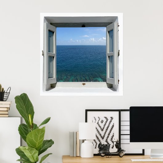 Open Window Blue Ocean Zee Uitzicht Poster (Thuiskantoor)