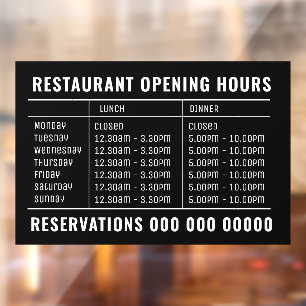 Opening Lunch & Dinner Hours Restaurant Raamsticker