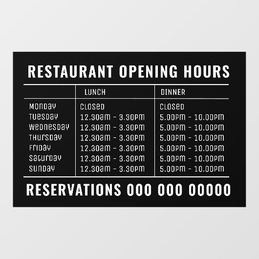 Opening Lunch & Dinner Hours Restaurant Raamsticker (Vel)