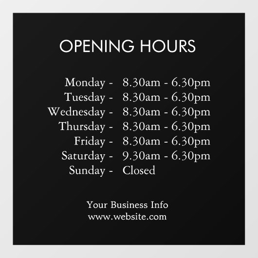 Openingstijden | Custom Business Times Black Raamsticker (Vel)