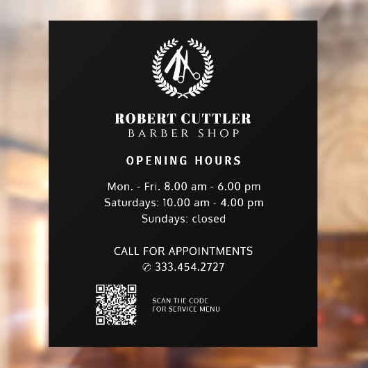 Openingstijden herensalon aangepast logo QR CODE Raamsticker (Vel 2)
