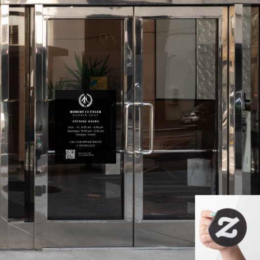 Openingstijden herensalon aangepast logo QR CODE Raamsticker (Kantoordeur)