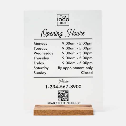 Openingstijden Logo Black Script Simple Acryl Bord (Voorkant)