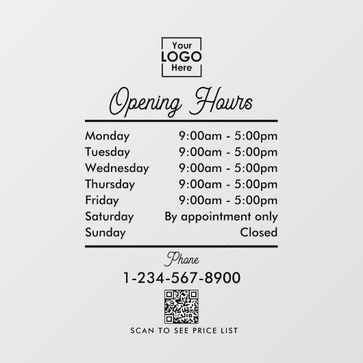 Openingstijden Logo Black Script Simple Raamsticker (Vel)