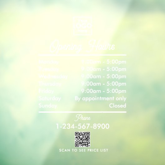 Openingstijden Logo White Script Simple Raamsticker (Vel 3)