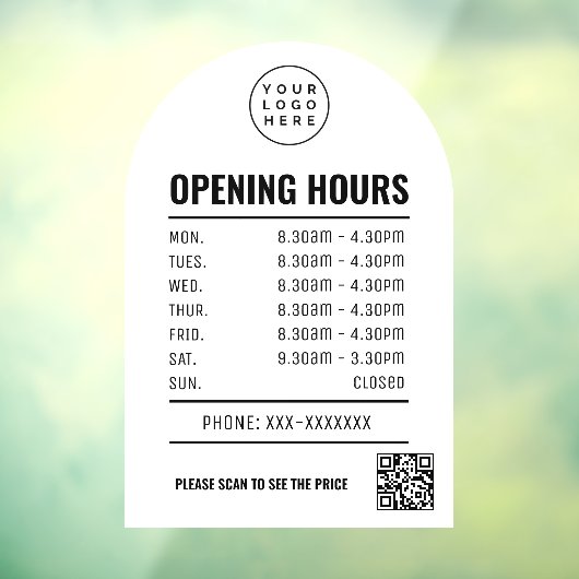 Openingstijden met QR code Logo White Arch Raamsticker (Vel 3)