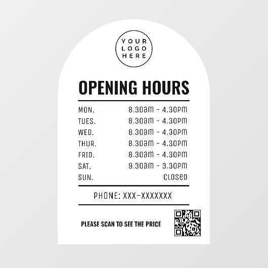 OpeningsTijden Met Qr Code Logo Witte Boog  Raamsticker (Vel)