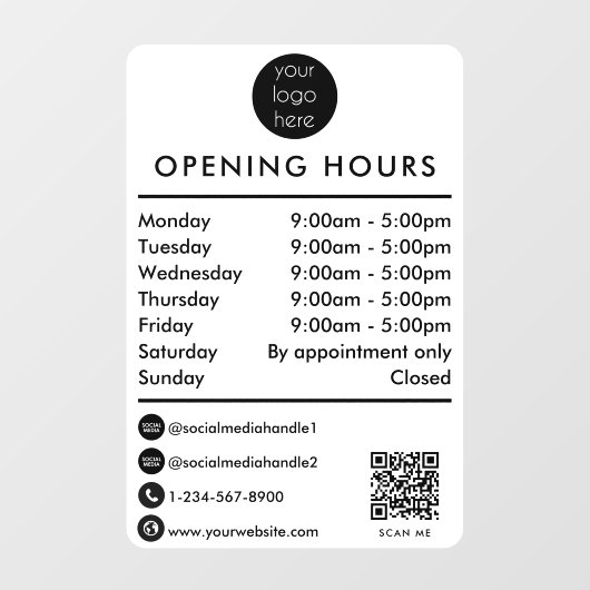 Openingstijden Openingstijden Tijden QR-code Zakel Raamsticker (Vel)