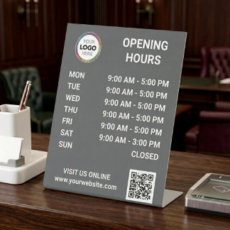 Openingstijden winkel met logo en QR-code - Grijs Reclamebord Met Voetstuk