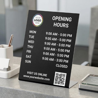Openingstijden Winkel Met Logo + QR Code - Zwart Reclamebord Met Voetstuk