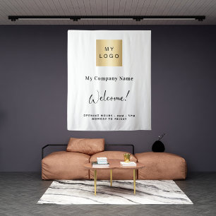 Openingstijden witte bedrijfsnaam logo wandkleed