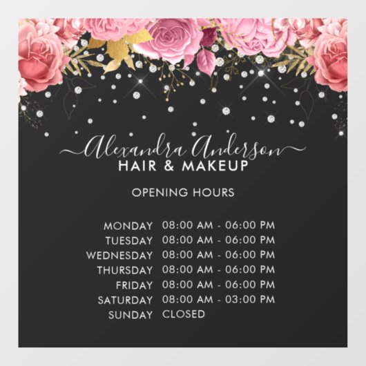 Openingsuren Black Pink Bloem Diamonds Glitter Raamsticker (Vel)