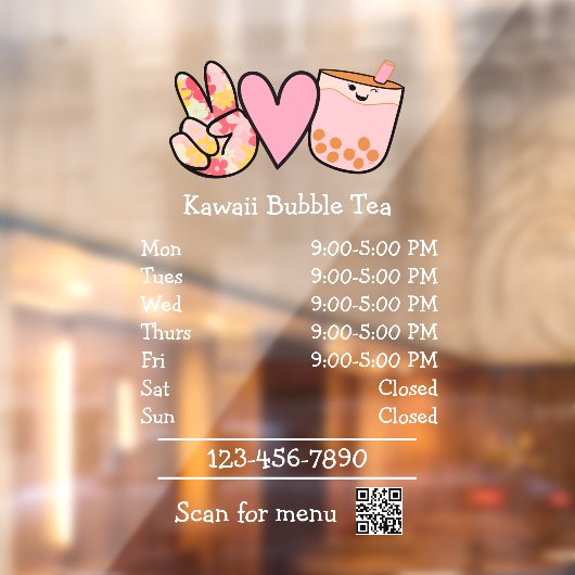 Openingsuren Bubble Tea Restaurant Raamsticker (Vel 2)