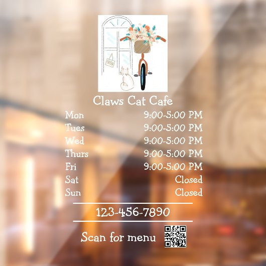 Openingsuren Cat Cafe Coffee Shop Raamsticker (Vel 2)