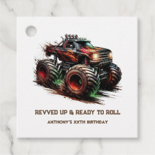“Opgekrikt & Klaar om te Rollen” Monster Truck Ver Bedankjes Labels
