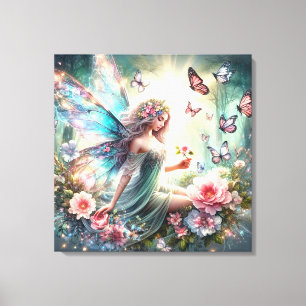 Opgespannen Canvasprint - Fee, Bloemen, Vlinder Canvas Afdruk
