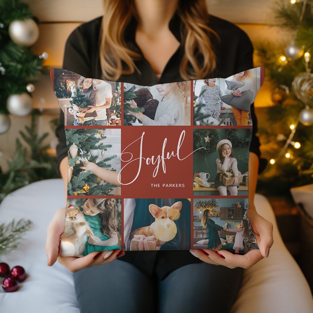 opgewekt | Elegant Script Multi Photo Christmas Kussen (A pretty red Christmas pillow that says "Joyful" in elegant script, with eight of your photos)