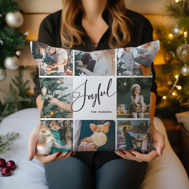 opgewekt | Elegant Script Multi Photo Christmas Kussen (A black and white Christmas pillow that says "Joyful" in elegant script, with eight of your photos)