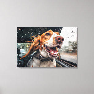 Opgewonden hond op regenachtige autorit art print