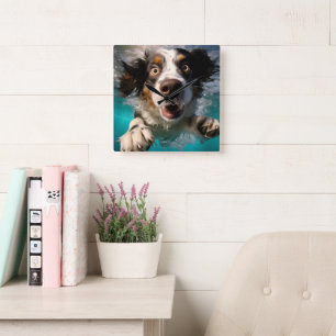 Opgewonden hond zwemmen onder water ontwerp vierkante klok
